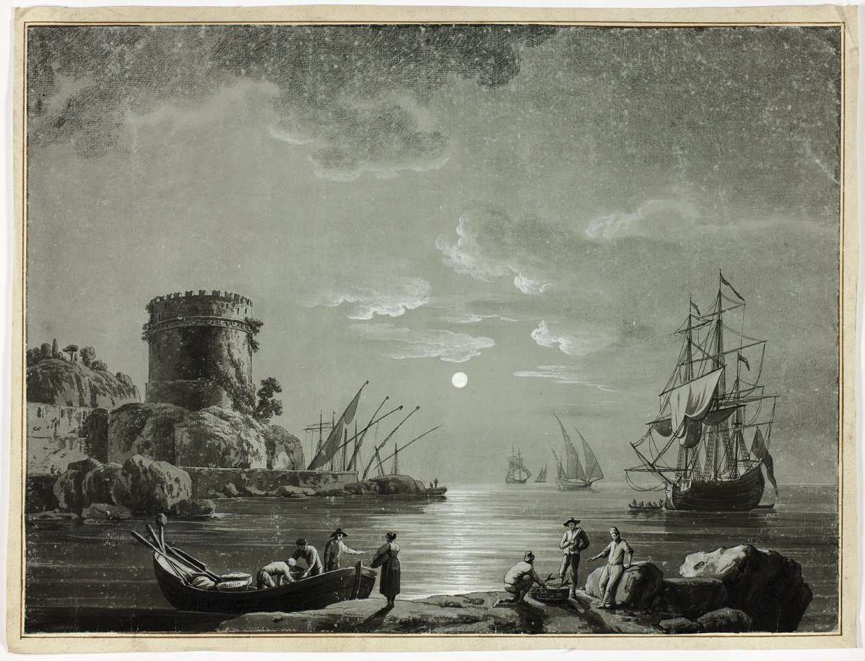 Månskensscen i fiskehamnen av Unknown artist