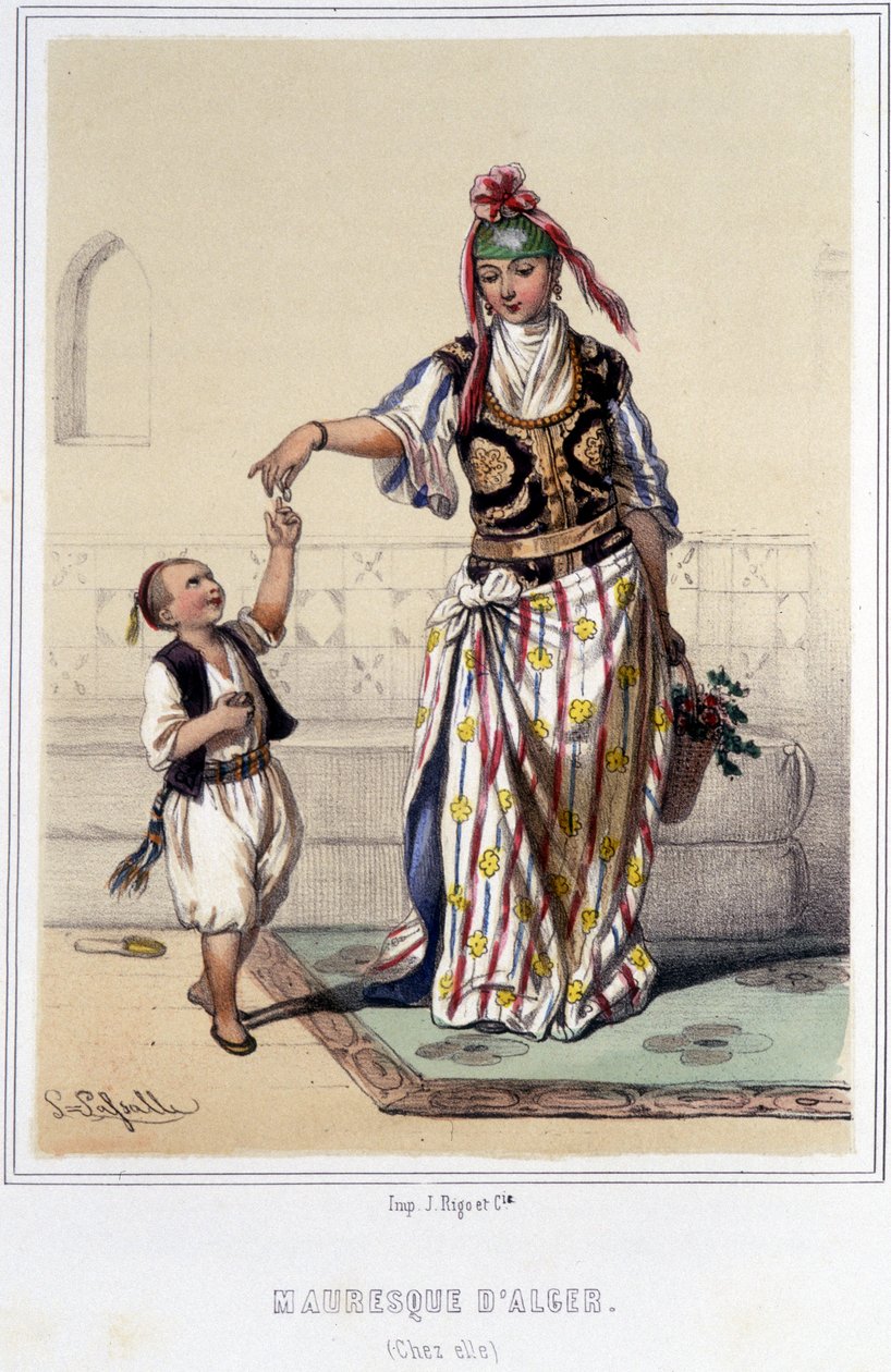 Morisk kvinna åtföljd av ett barn hemma i Alger under andra hälften av 1800-talet. av Unknown artist