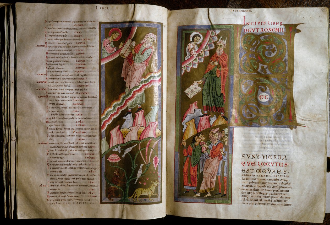 Moses tar emot lagens tabeller Dubbelsida av manuskriptet "" Gebhardt Bibel"" (Admont) (f.68v., 69r) 1100-talets Wien Osterreischische Nationalbibliothek av Unknown artist