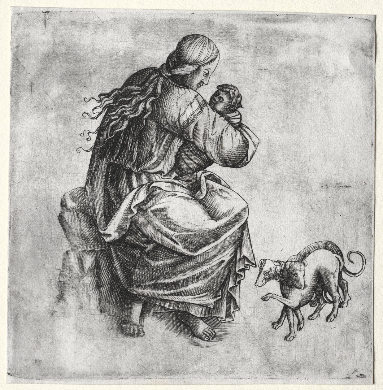 Mor och barn med två hundar av Unknown artist