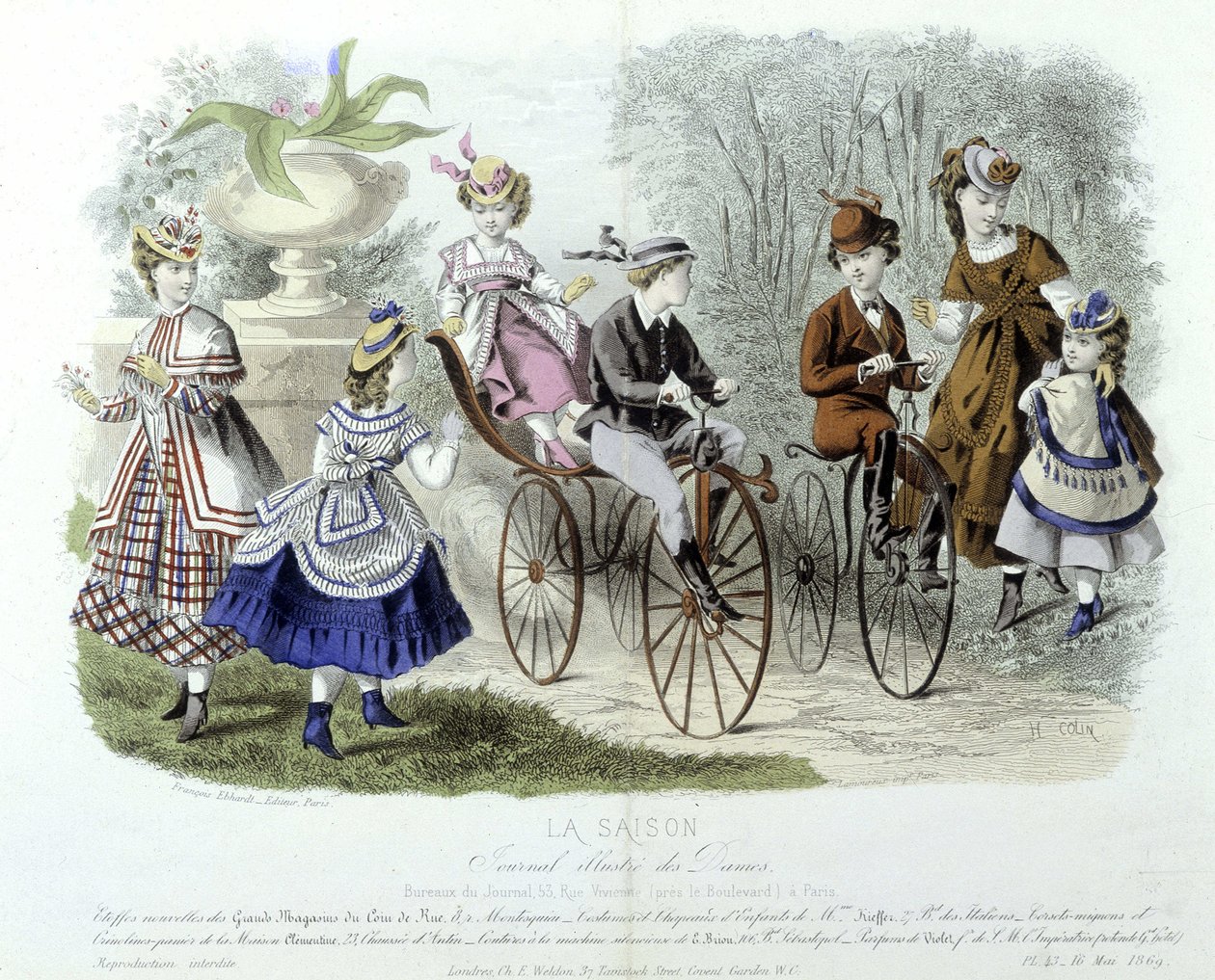 Mödrar, barn och cyklar på dagis (barnmode) - i "" Le journal illustré des dames"" av Unknown artist