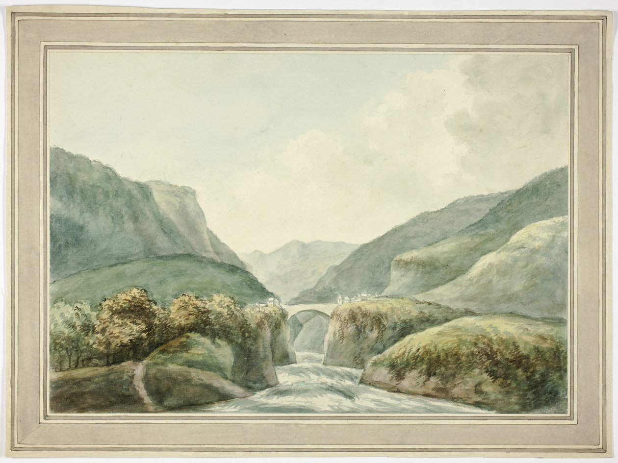 Bergsstad vid bro som spänner över forsar av Unknown artist