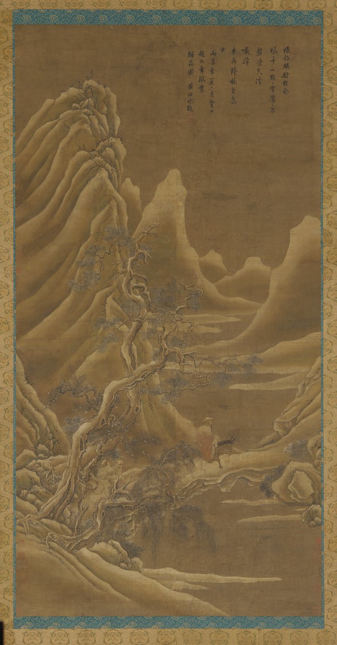 Berg, en flod och tallar — en man på en åsna av Unknown artist