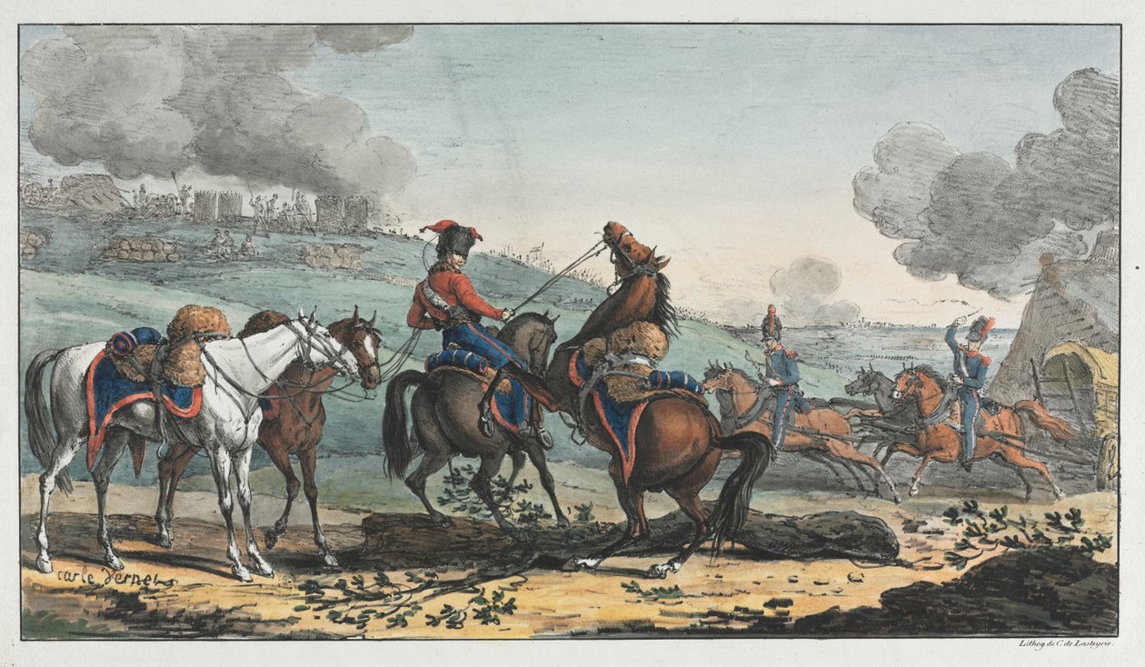 Beriden artillerist som leder tre hästar av Unknown artist