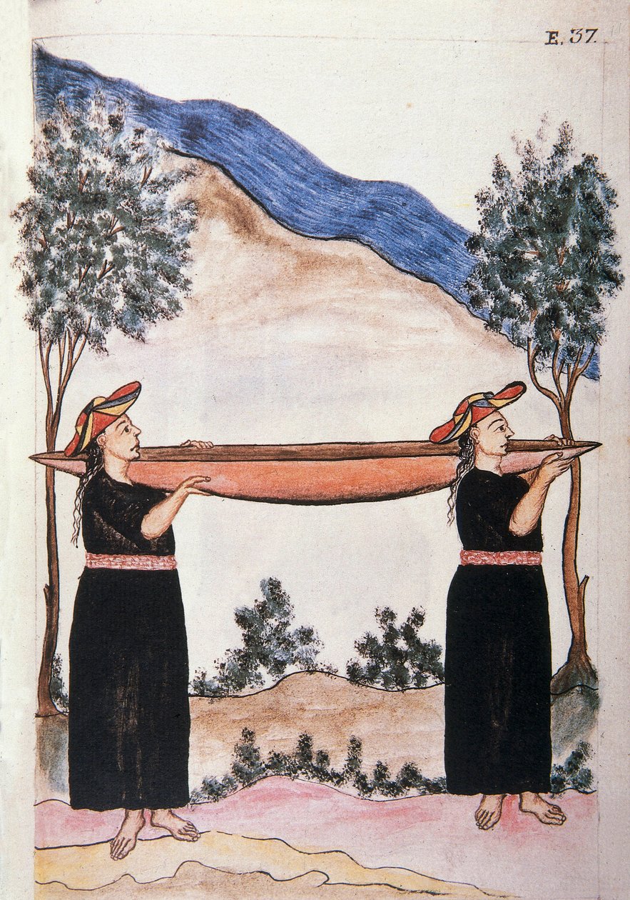 Moyobamba-indianer som bär sin kanot, från boken "Trujillo del Peru" eller "Codex Martinez Companion", av Baltazar Martinez Companion och Bujanda, biskop av Trujillo (1782-1785) av Unknown artist