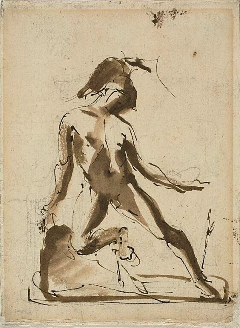 Mytologisk figur: Akilles med lejonskinn (recto); Skisser av figurer (verso) av Unknown artist