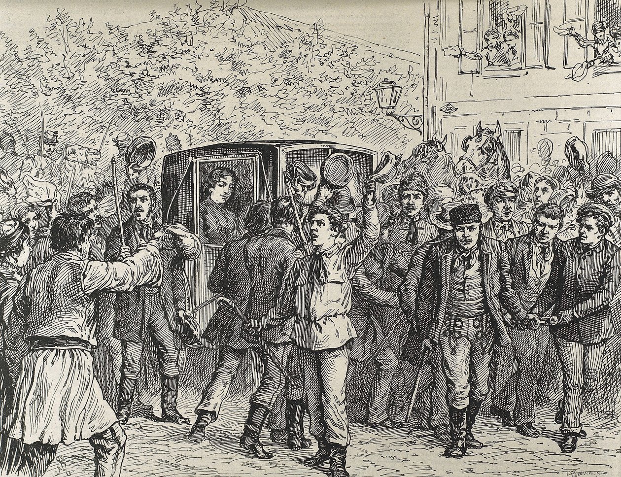 NATALIA av Serbien (1859-1941). Prinsessa av Serbien från 1875 till 1882 och därefter drottning av Serbien från 1882 till 1889, som hustru till Milan I av Serbien. Drottning Natalies fördrivning från Serbien: studenterna räddar quuen från gendarmerna av Unknown artist