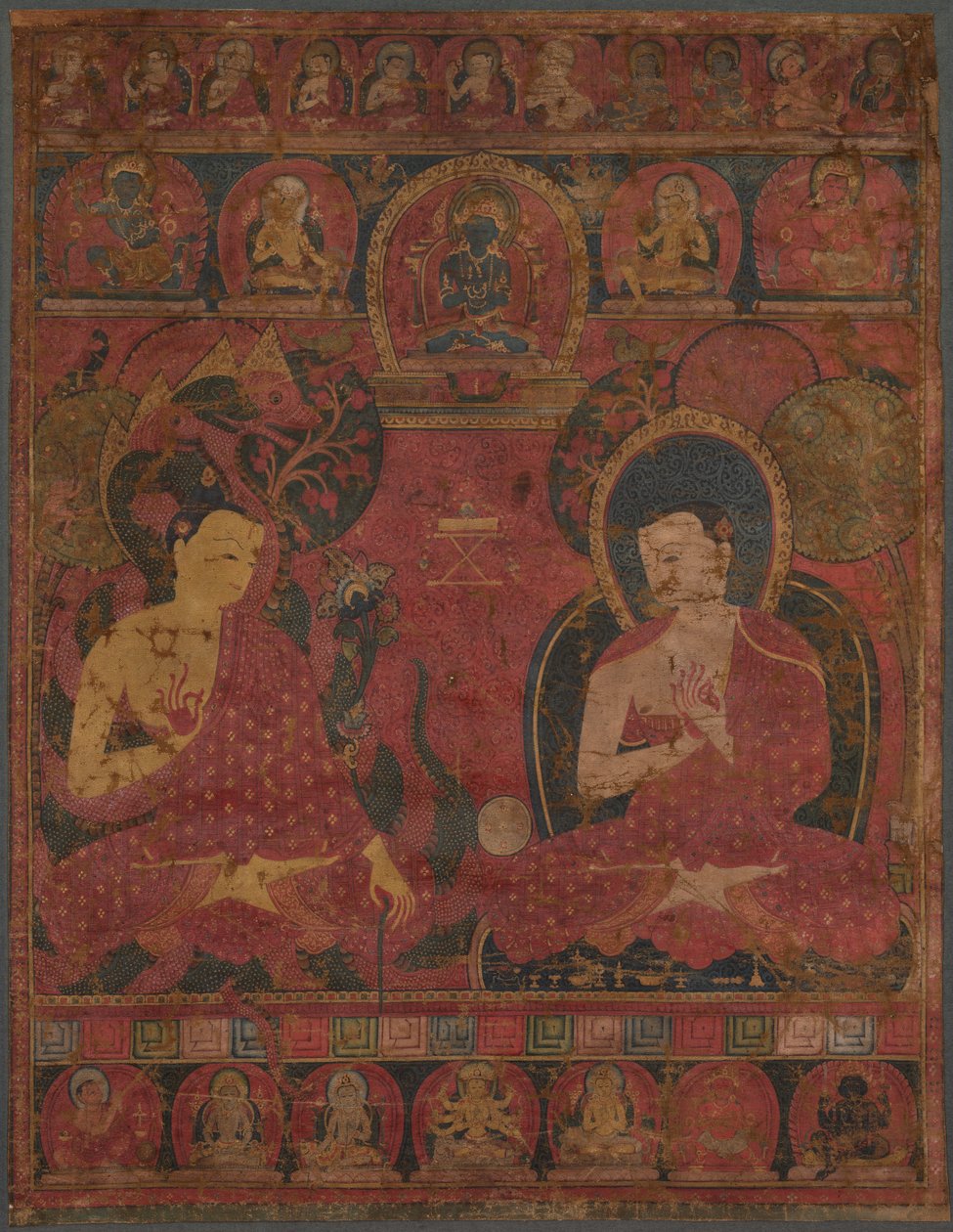 Nagarjuna (ca 150–250 e.Kr.) med en buddhistisk mästare av Unknown artist