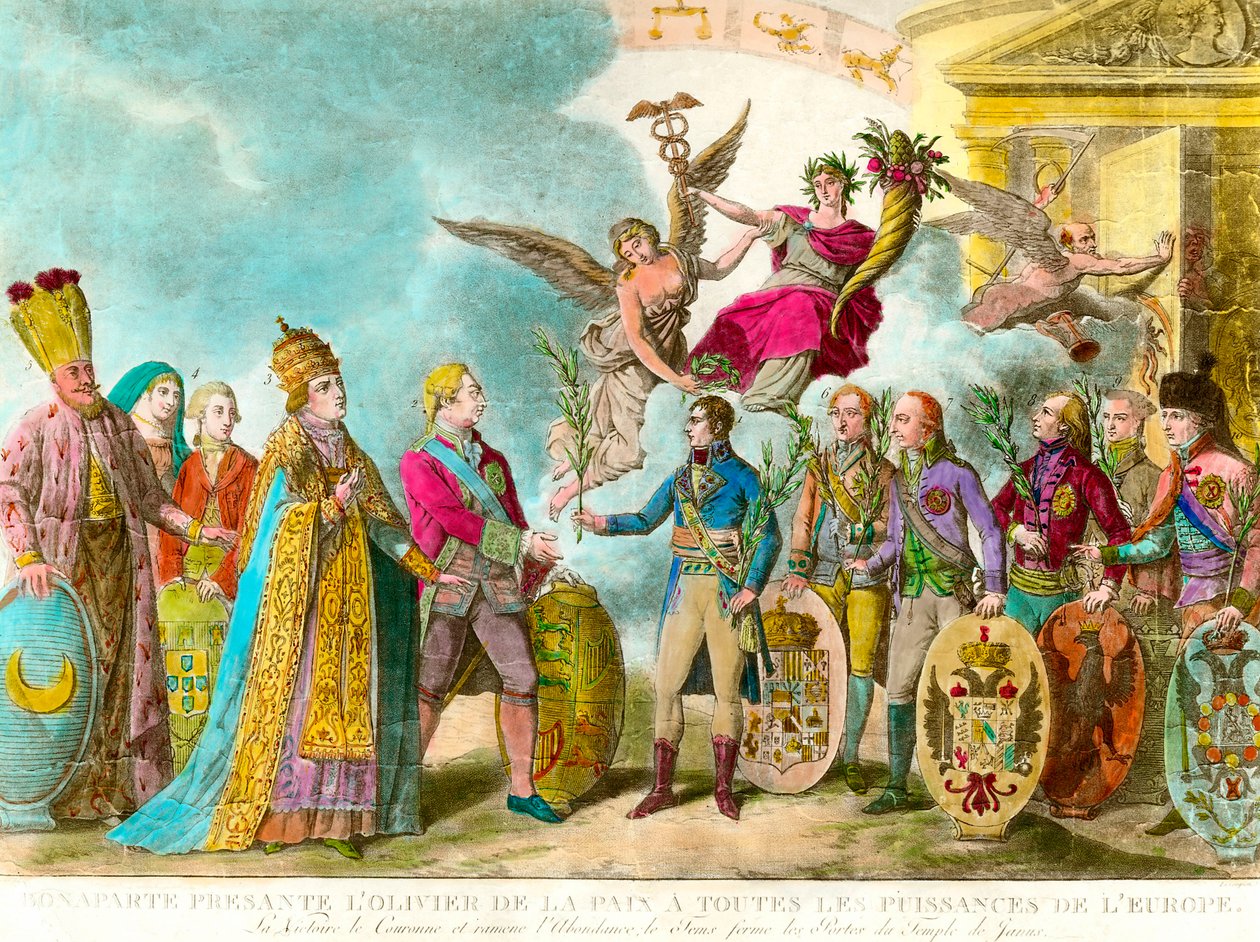 Napoleon Bonaparte (1769-1821) presenterar fredens olivträd för alla Europas makter. Gravyr 1801 Privat samling av Unknown artist