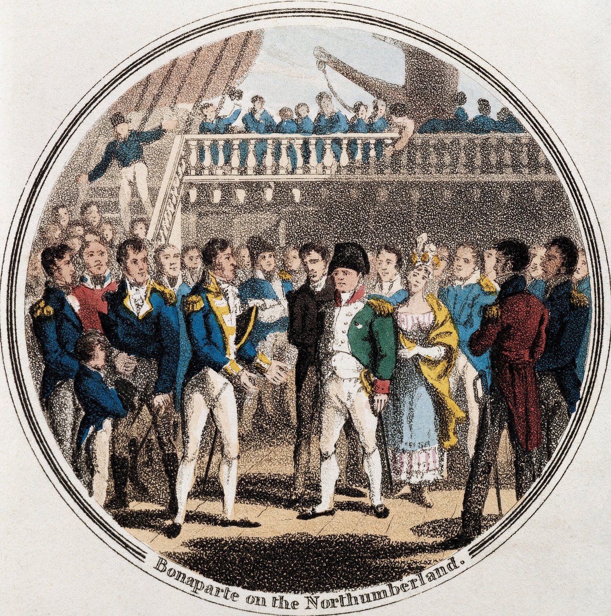 Napoleon Bonaparte och den engelske amiralen George Cockburn på Northumberland tillsammans med Madame Bertrand (färg litho) av Unknown artist