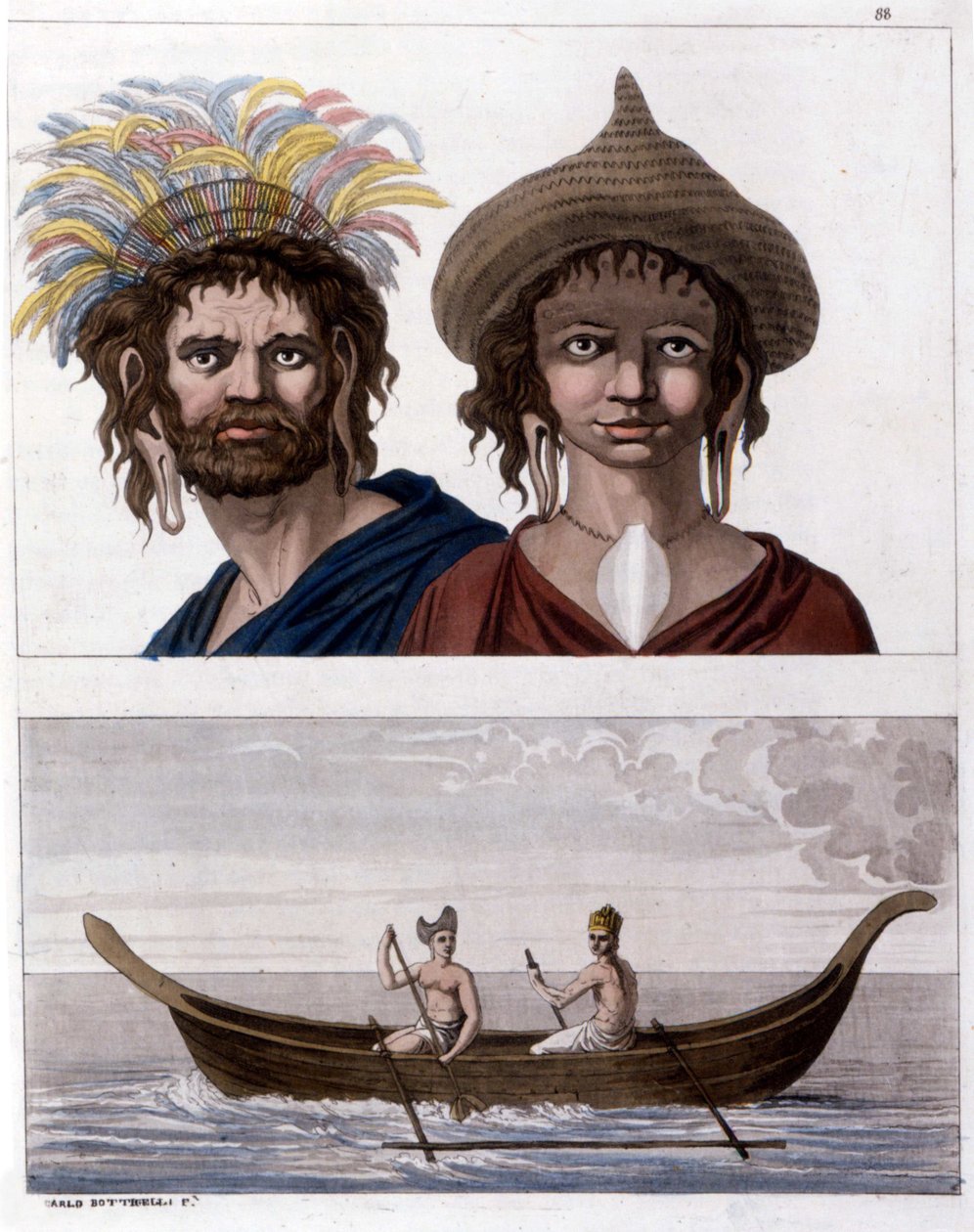 Infödd på Påskön (Rapa Nui) i Polynesien, medlemmar av klanen Long Ears. Nedervåningen, en av deras båtar. - i "" Den gamla och moderna kostymen""" av Jules Ferrario av Unknown artist