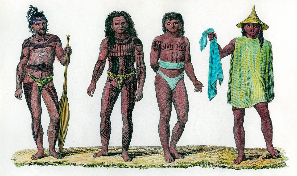 Naturliga öar Uros Penelope och Aouar, befolkningen på den oceaniska kontinenten. 1700-talsgravyr. Privat samling. av Unknown artist