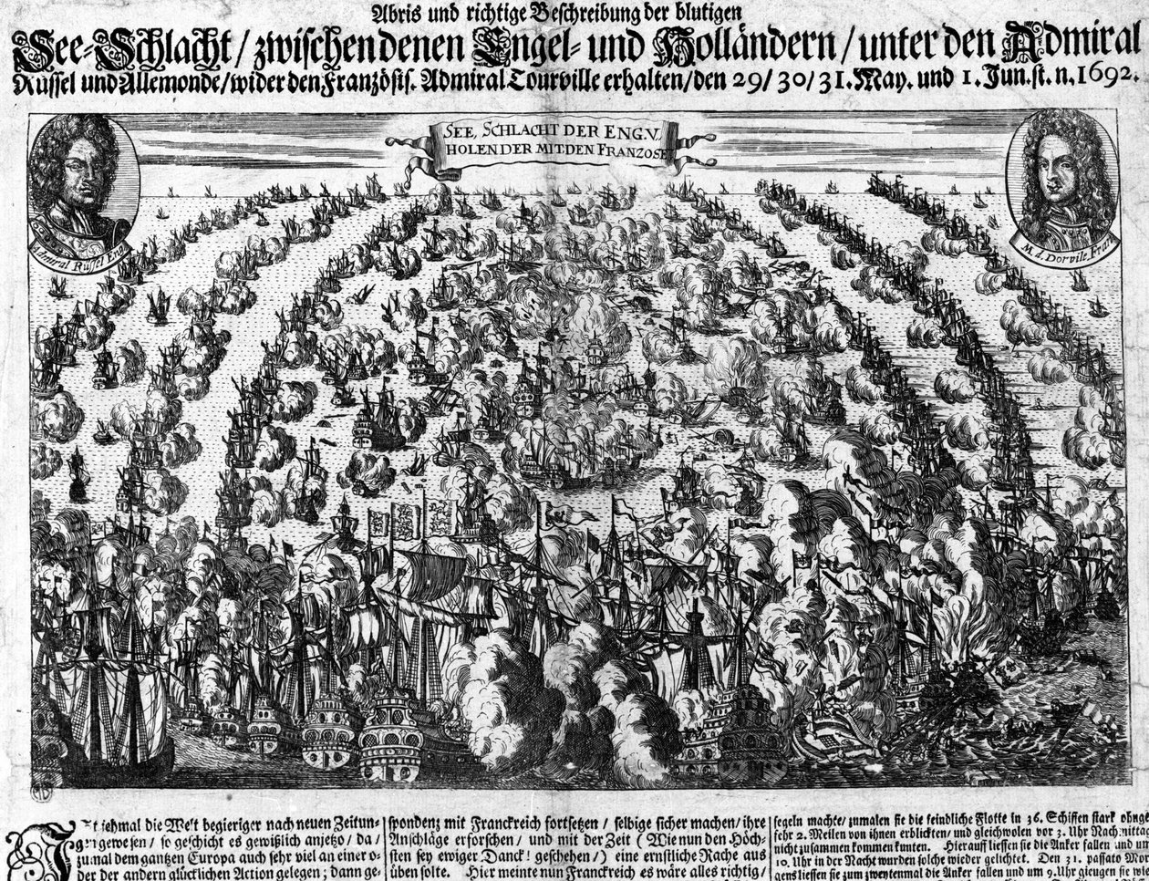 Sjöslaget vid La Hougue (1692) som motsatte Ludvig XIV:s armé till Holland. Gravyr. 1700-talet. av Unknown artist