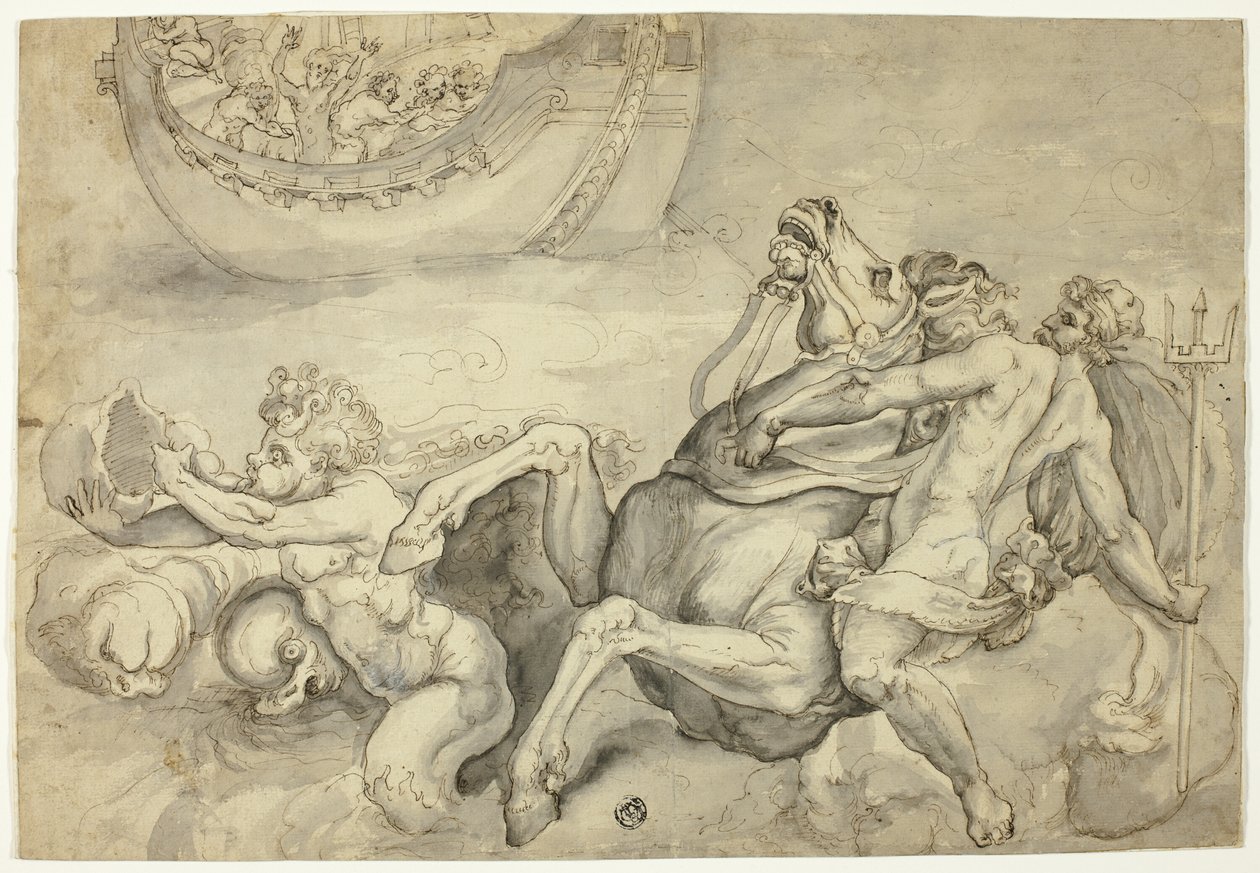 Neptunus lugnar ner stormen som Aeolus har väckt mot Aeneas ("Quos Ego") av Unknown artist