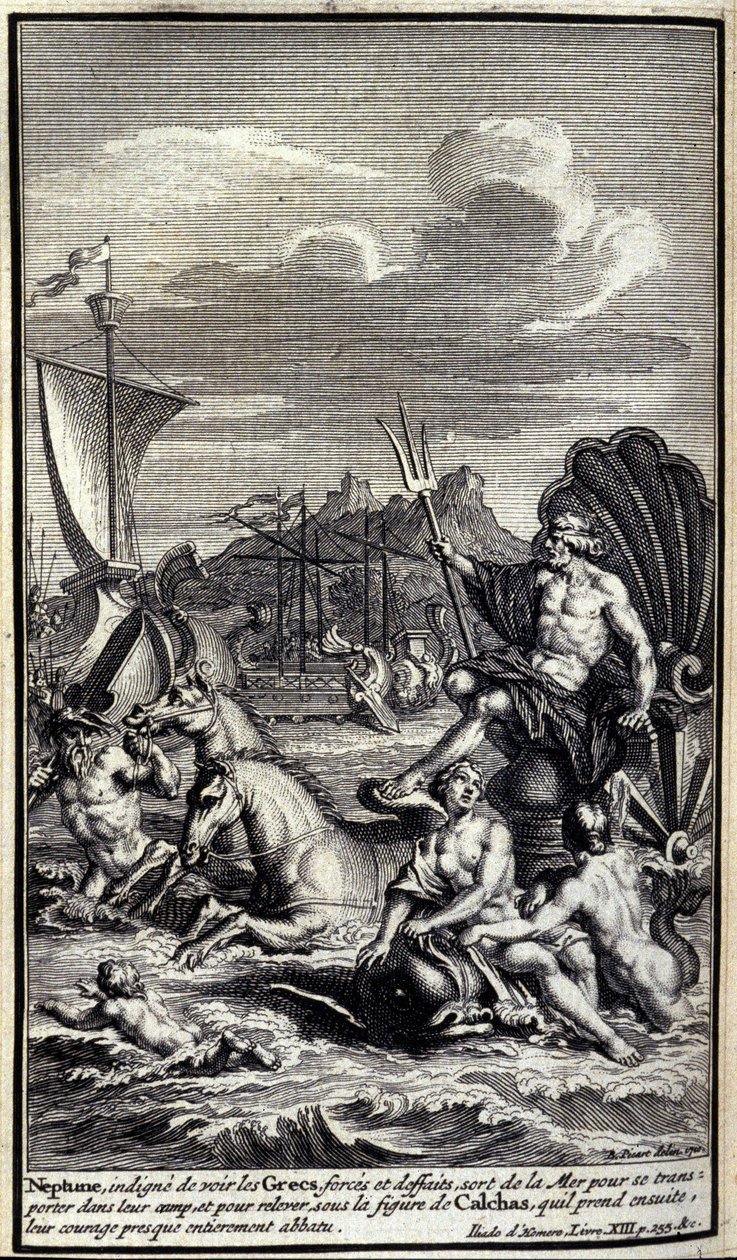 Neptunus, ovärdig att se grekernas krafter och handlingar, lämnar havet för att transportera sig till deras läger och för att resa sig upp under Calchas gestalt som han sedan tar, deras mod nästan helt förstört. Illustration av bok XIII av Iliaden av av Unknown artist