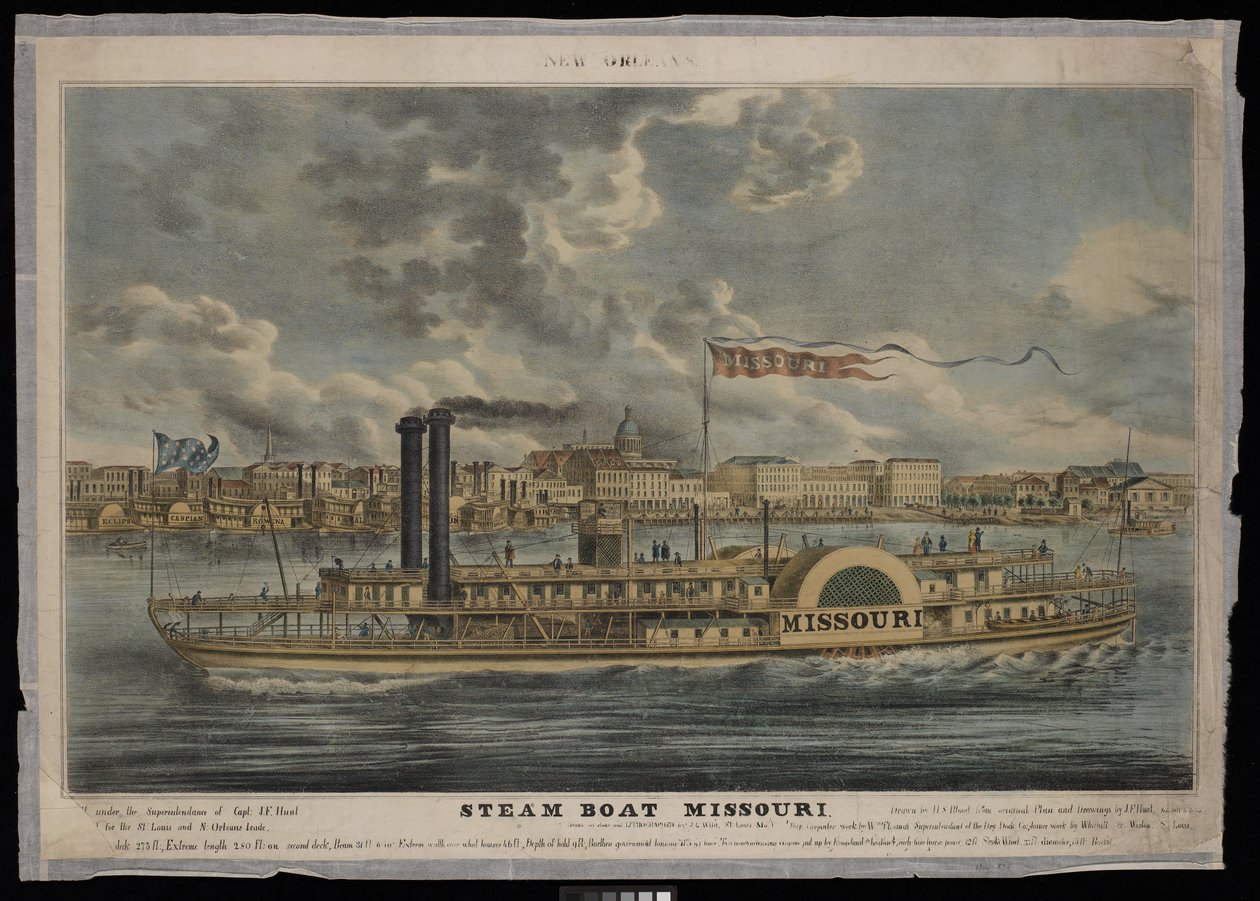 New Orleans. Ångbåten Missouri (litografi, färglagd) av Unknown artist