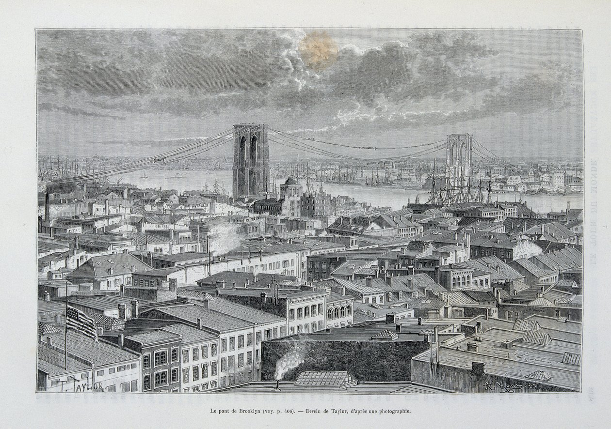 New York och Brooklyn Bridge under uppbyggnad - i "" The World Tour"", 2:a Sem. 1881 av Unknown artist