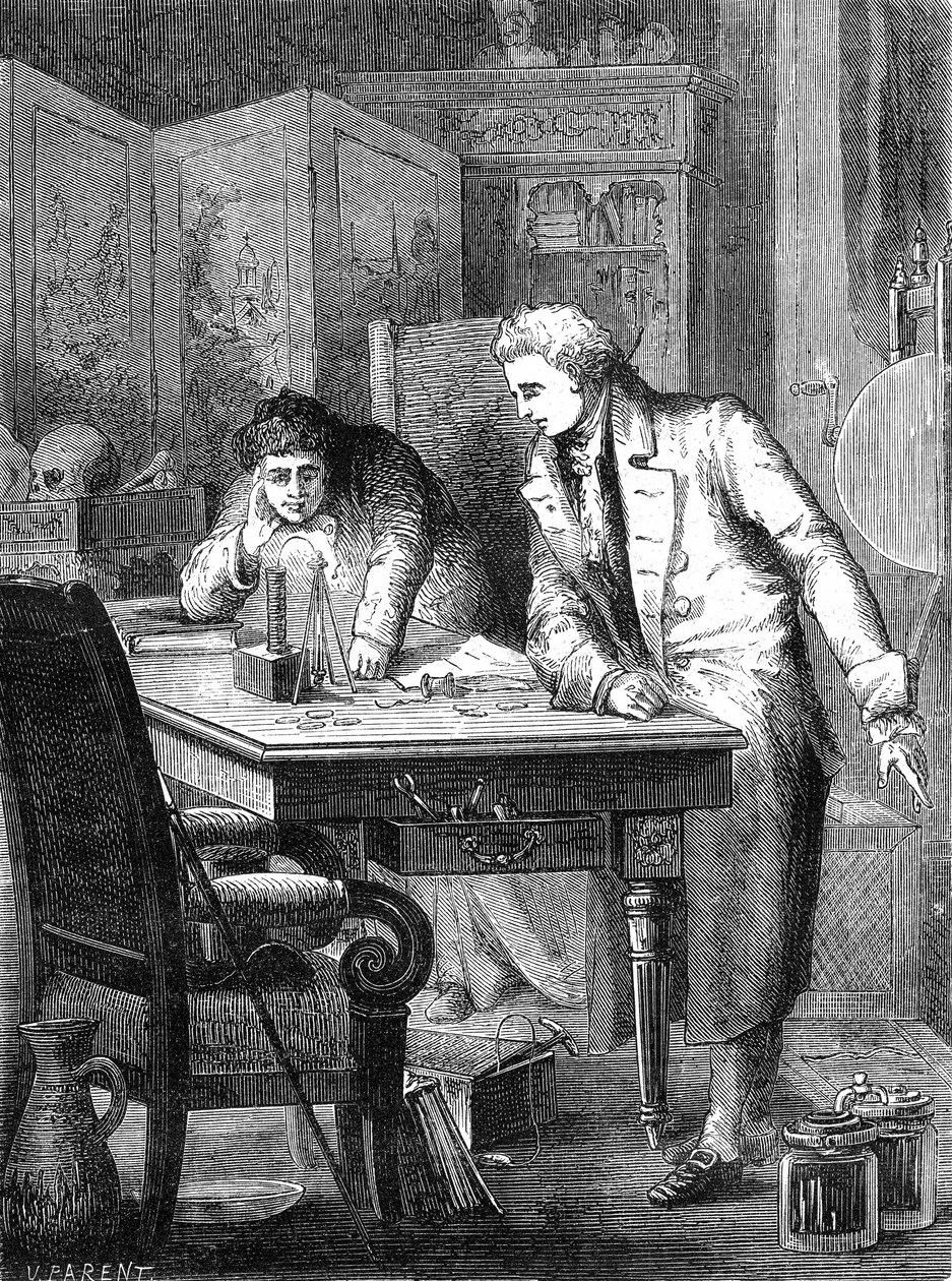 Nicholson och Carlisle sönderdelar vatten genom Voltas batteri, London 2 maj 1800 av Unknown artist