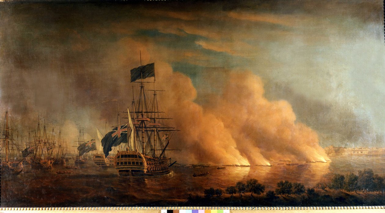 Nattattack av de franska bruloterna mot den engelska flottan i hamnen i Quebec: tagen av engelsmännen den 28/06/1759. Målning. av Unknown artist