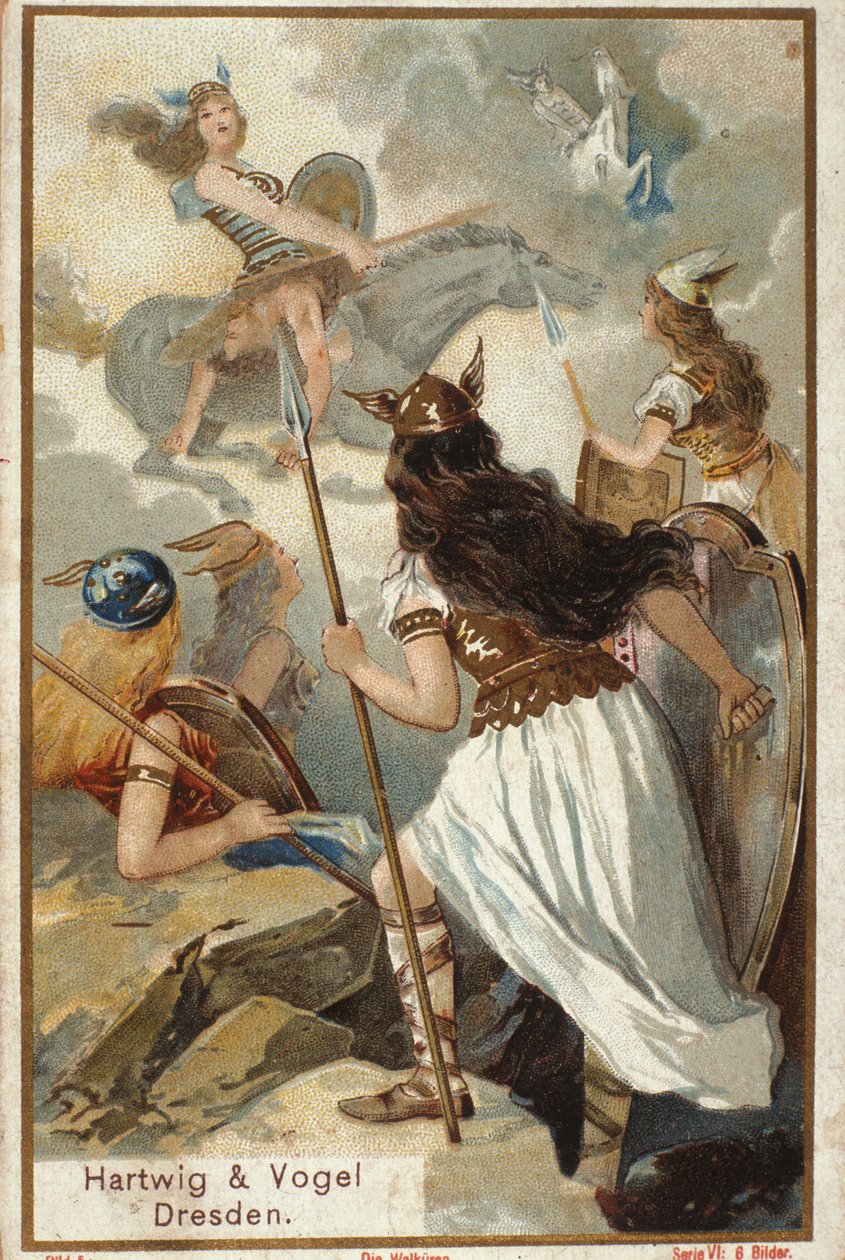 Nordisk mytologi: Walkyrierna (jungfrukrigare) i Valholl (eller Walhalla, Valhalla, Valhalle: plats dit tappra krigare förs) och krigares fall i strid. kromolitografi från 1800-talet av Unknown artist