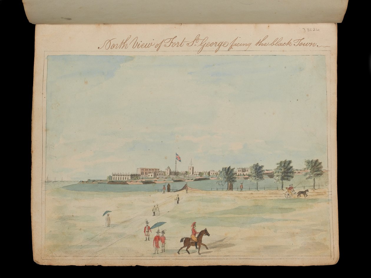 North View of Fort St George som vetter mot den svarta staden’, ca 1800 (akvarell) av Unknown artist