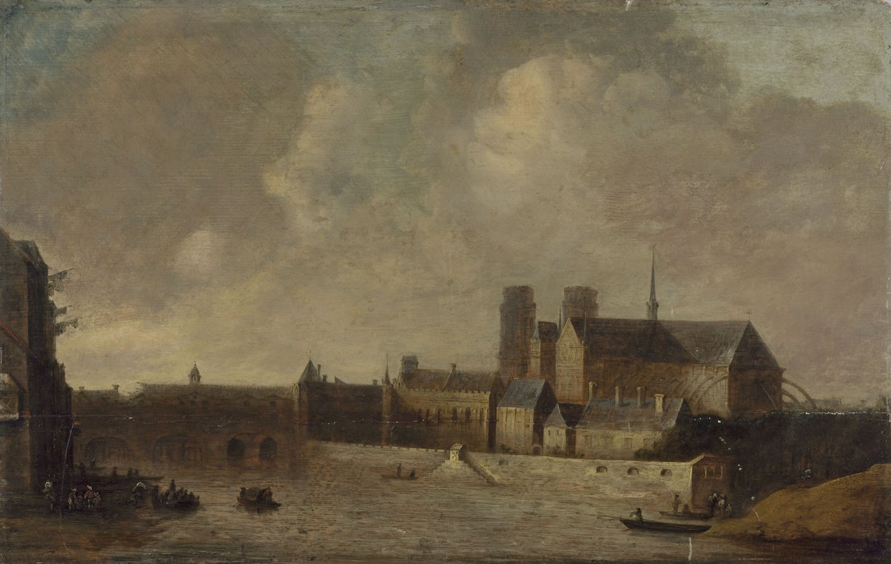 Notre-Dame och ärkebiskopspalatset, sett från Quai de la Tournelle, ca 1640, nuvarande 4:e arrondissementet, mellan 1635 och 1645 (olja på trä) av Unknown artist