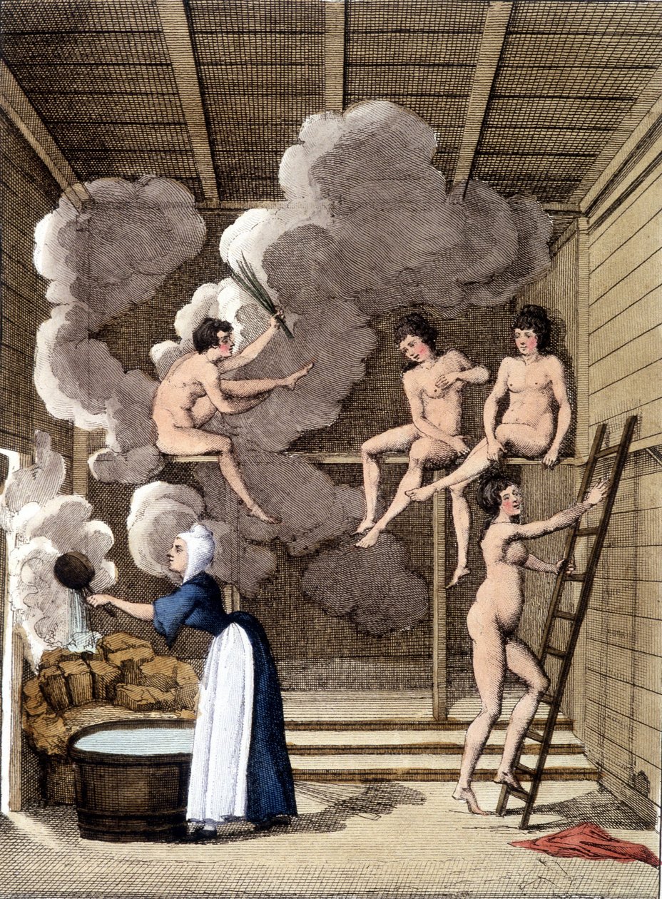 Nakna karaktärer i en filandansk bastu. Gravyr från 1811 innehåller en bok om resan. av Unknown artist