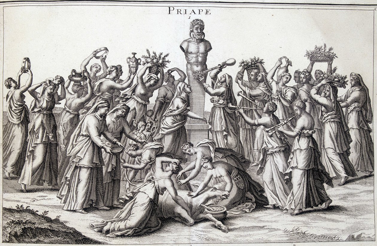 Erbjudanden från kvinnor till guden Priape (Priapos), den asiatiska guden av fecondite, som kom till Grekland. Platsen för tillbedjan av Lampsaque. av Unknown artist