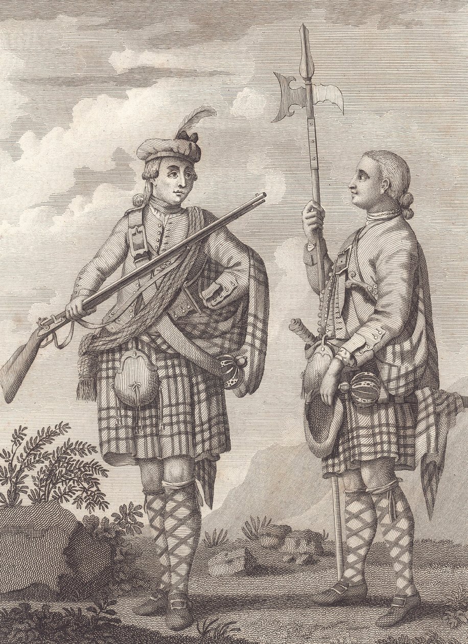Officer (vänster) och sergeant för 42nd Highlanders—the Black Watch—ca 1750 (gravyr) av Unknown artist