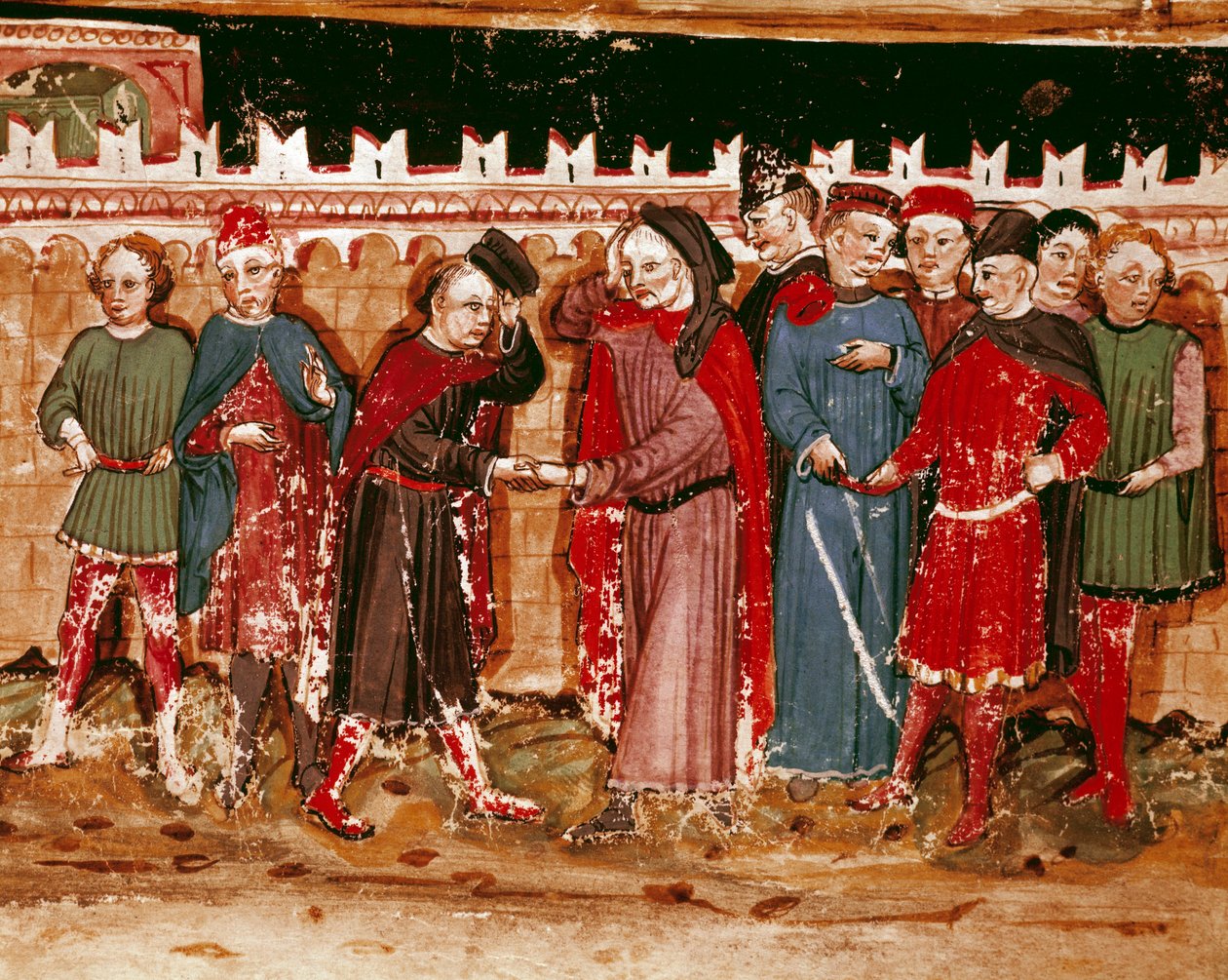 Tjänstemän för miniatyrgabellen från manuskriptet (Ms. H V-5) "Codex de Privileges"" av Unknown artist