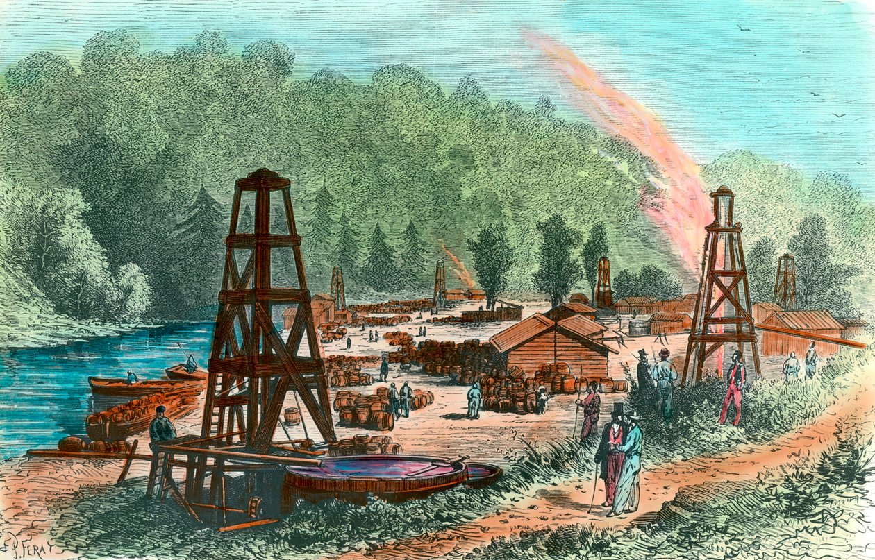 Oljekällor på Tarr Farm i Pennsylvania, USA. Gravyr av 1800-talet. Privat samling av Unknown artist