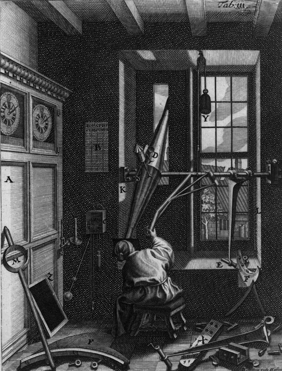 Olaus Romer (Ole), dansk astronom (1644-1710) observerar förmörkelserna av Jupiters satelliter av Unknown artist