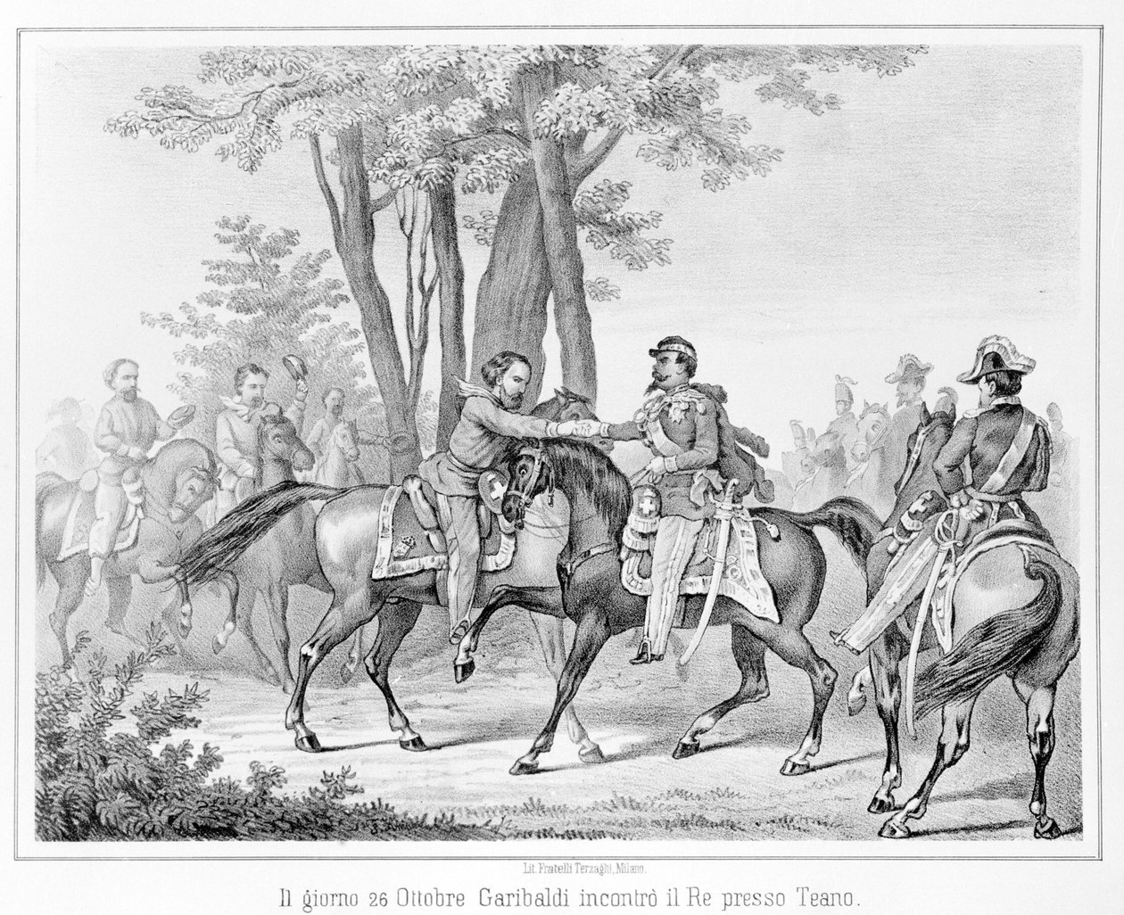 Den 26 oktober 1860 träffade Giuseppe Garibaldi kung Victor Emmanuel II (Victor-Emmanuel) (Vittorio Emanuele) nära Teano. Gravyr av 1800-talet. av Unknown artist