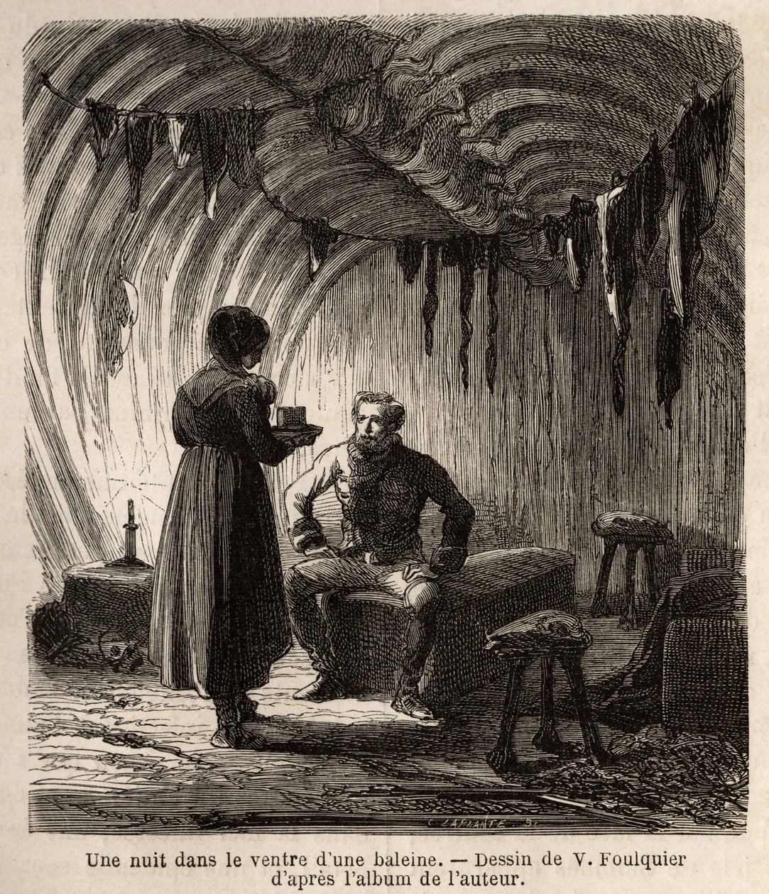En natt i magen på en val välkomnas författaren under sin resa i en boer, fiskares hem, vars ram och möbler är gjorda av skelettet av den enorma valen och av skinn från sälar, hästar och hundar. Gravyr för att illustrera vo av Unknown artist