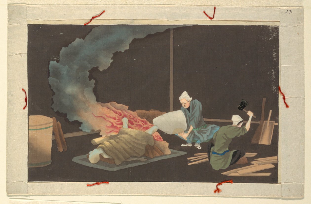 En av sexton scener av en mans död och begravning av Unknown artist