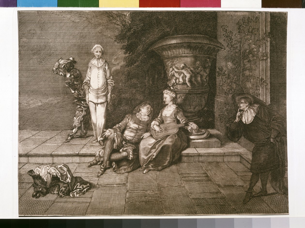 Originalgravyr med Pierrot till vänster av Unknown artist
