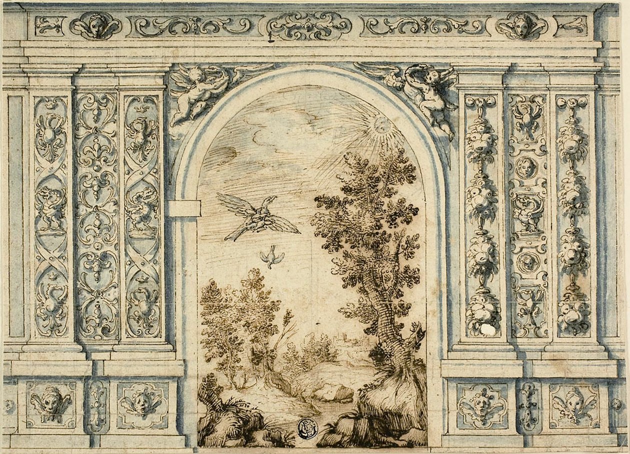 Prydnadsmur med landskap av Unknown artist