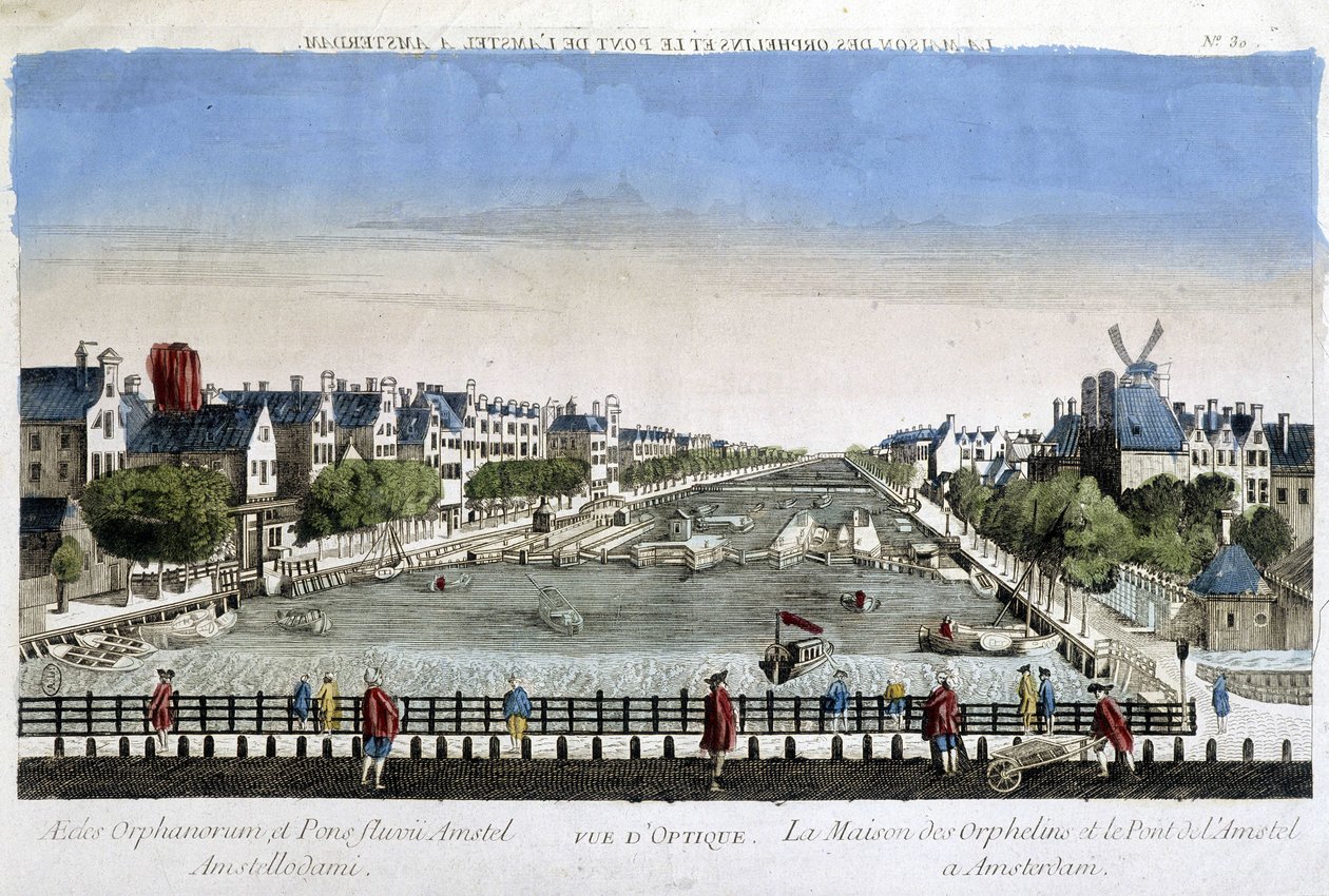 Föräldralösa hus och Amstel Bridge i Amsterdam - Optisk vy av Unknown artist