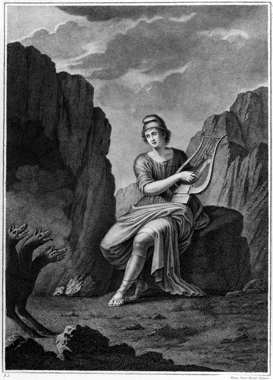 Orfeus vid ingången till underjorden möter Cerberus. Litografi. 1800-talet av Unknown artist