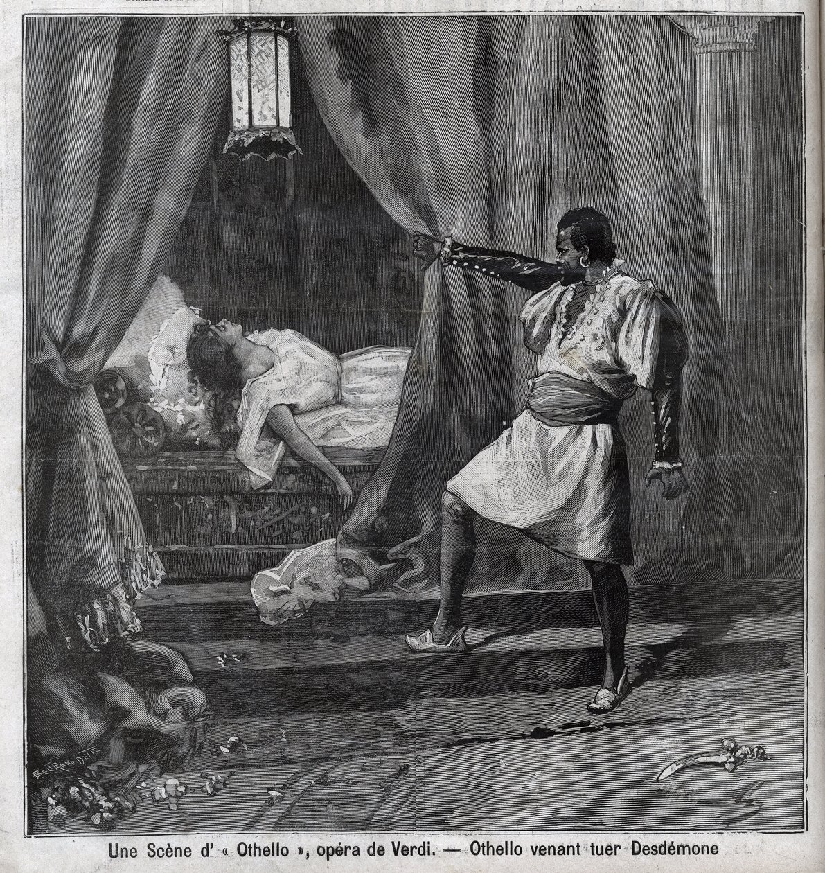 Othello dödade precis Desdemona i hans säng. Scen för operan "" Othello"" av Giuseppe Verdi (1813-1901) Gravyr i "" Le Parisien"" av Unknown artist