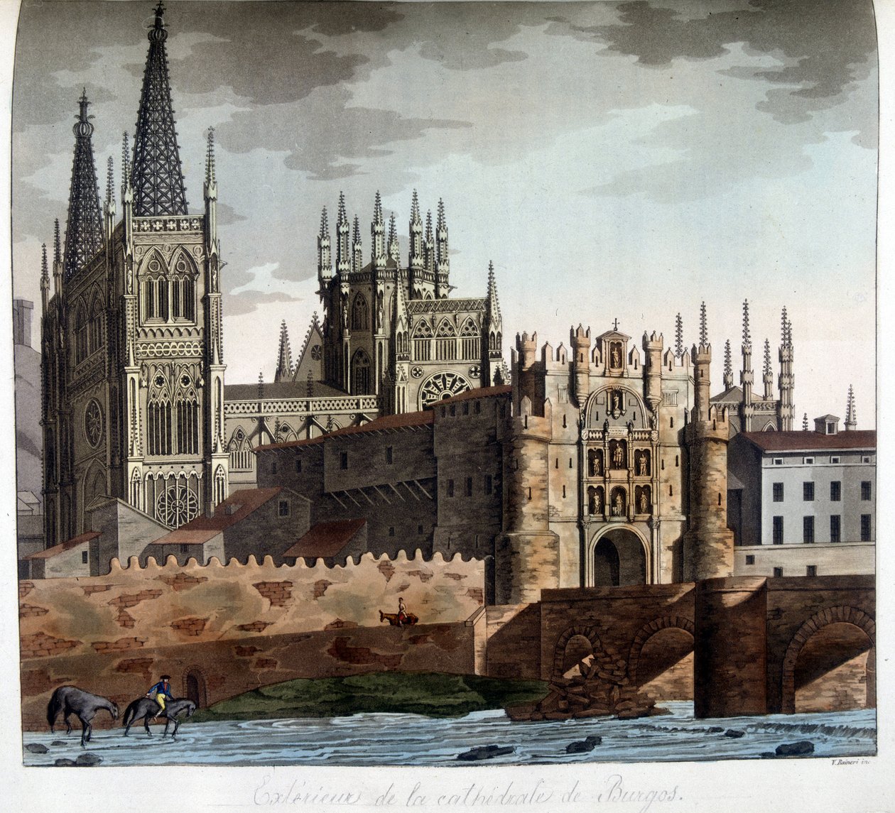 Utanför den gotiska katedralen Saint Mary i Burgos i Spanien. Litografi från 1800-talet. av Unknown artist