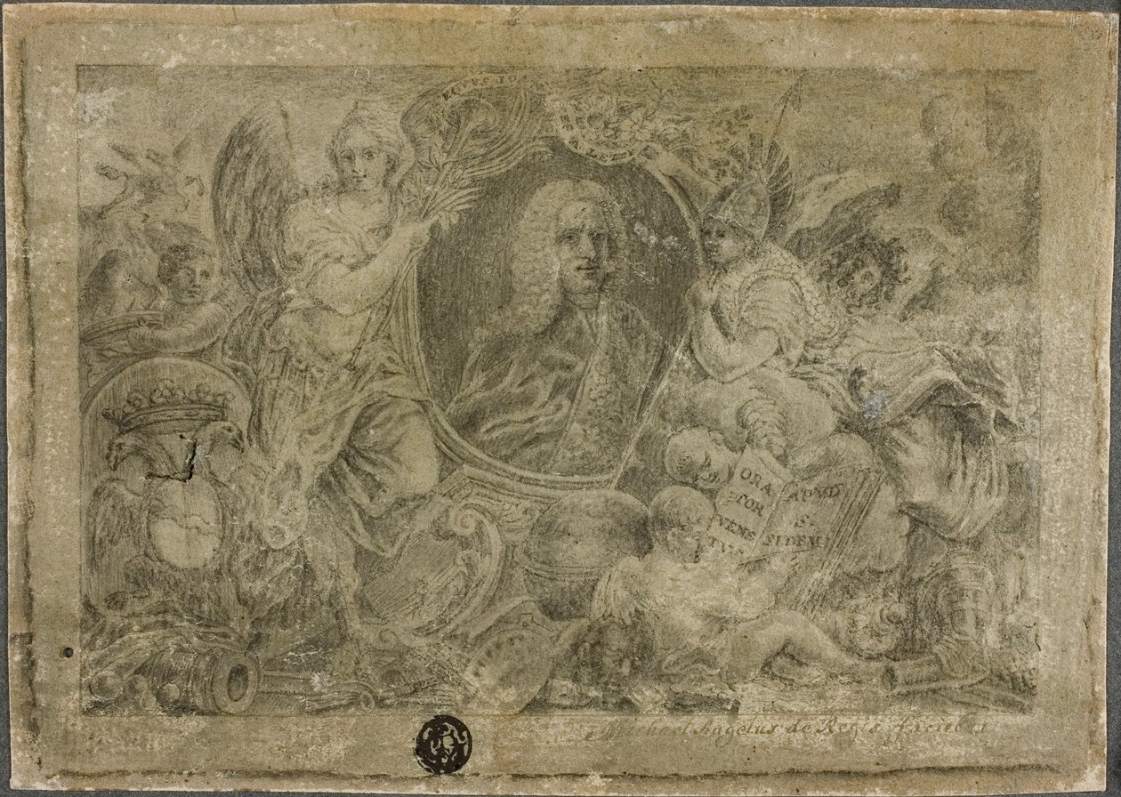 Oval porträttbyst som hålls av allegoriska figurer av Unknown artist