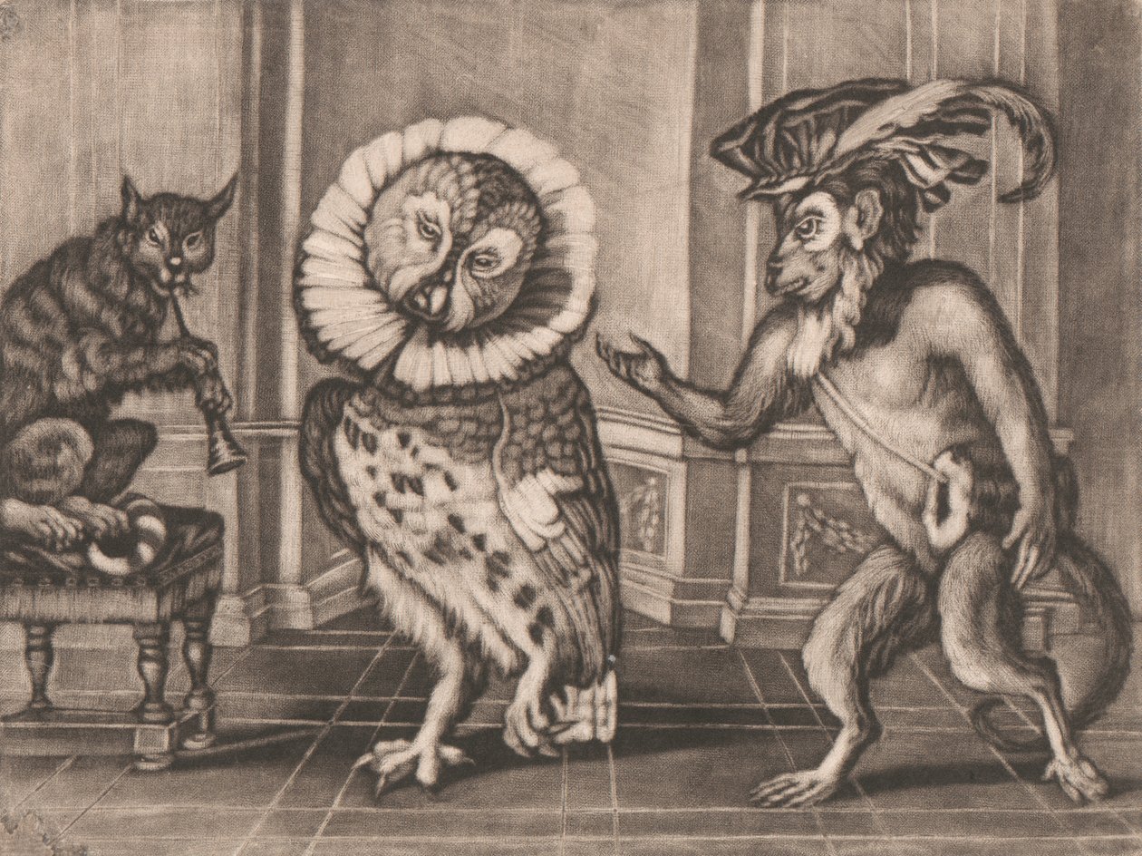 Owl, Monkey and Cat från Mezzotintoes av Smith, Vol. III av Unknown artist
