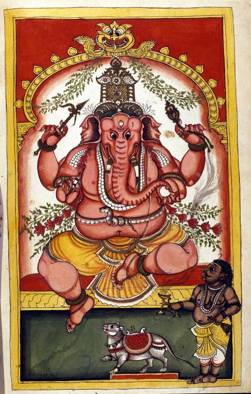 Sida som visar den hinduiska gudomen Ganesha (Ganesh eller Ganapati), beskyddare av handlare, resenärer och tjuvar. Sidan hämtad från manuskriptet (ms.8300) "" History of Mogol"" (Moghul eller Moghol) av Stefano Nivibus Cardeira. 1700-talet. Bibloteca marc av Unknown artist