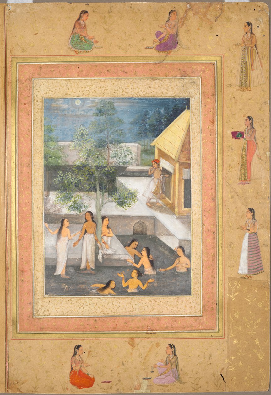 Sida från Late Shah Jahan Album: Harem Night-Bathing Scene (recto) av Unknown artist