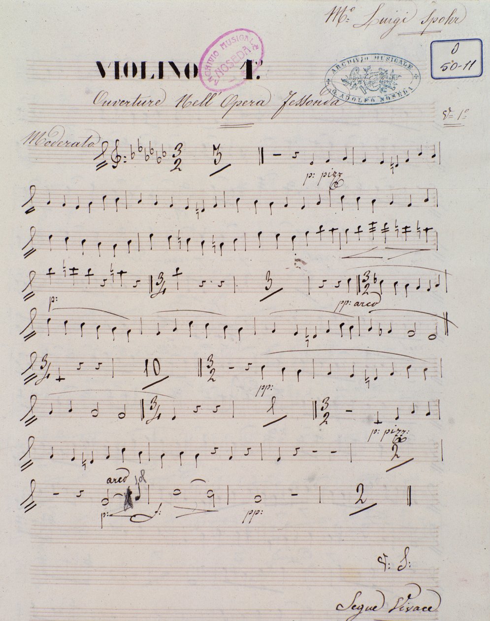 Sida med partitur för den första fiolen i ouvertyren till operan Jessonda av Louis Spohr av Unknown artist