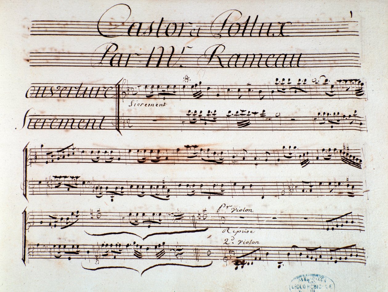 Sida med partitur av Castor et Pollux, lyrisk tragedi av Rameau (1737) av Unknown artist