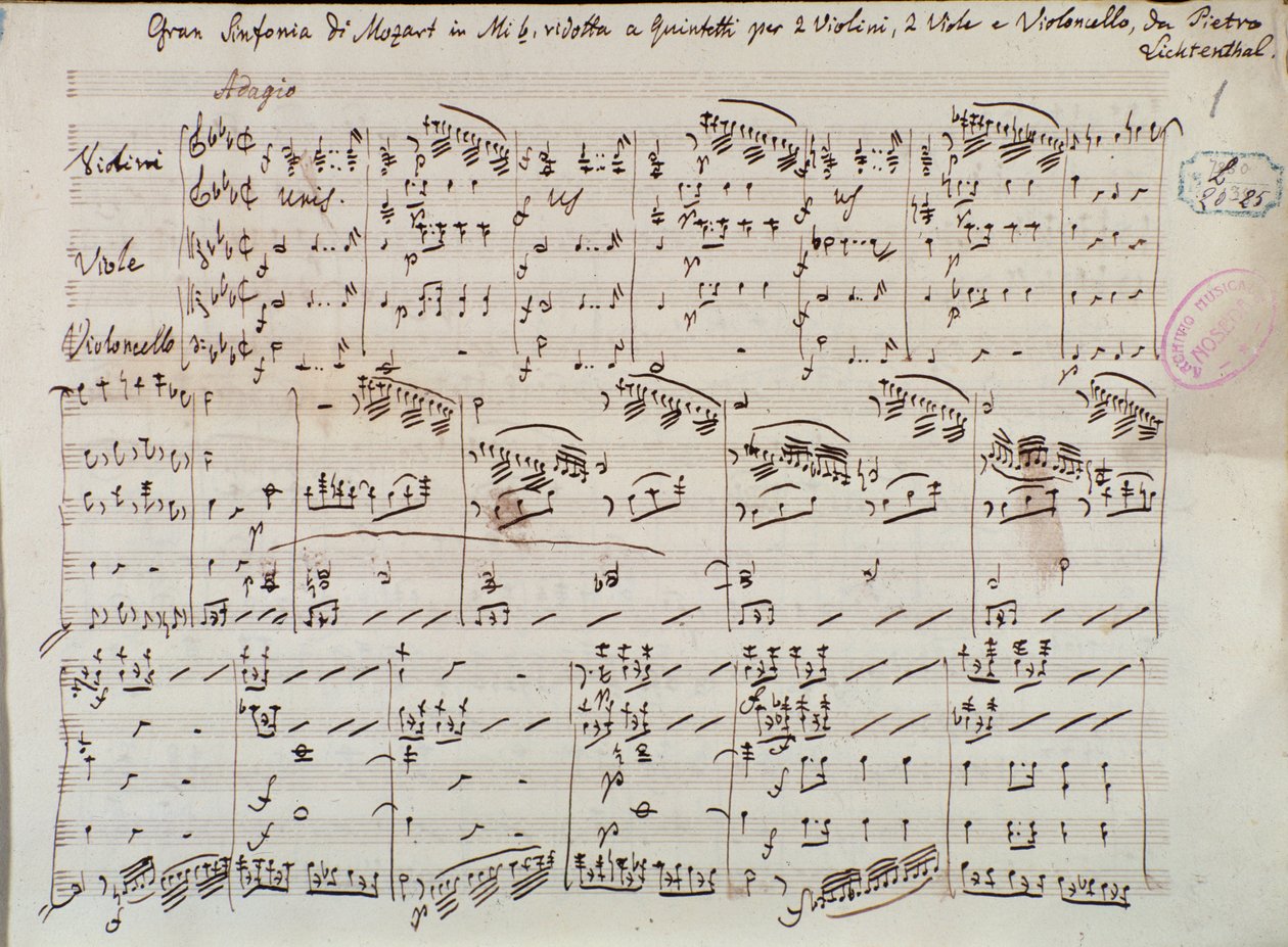Sida med notbladen till Symphony concertante för violin och viola i Ess, av Mozart, Lichtenthal version av Unknown artist