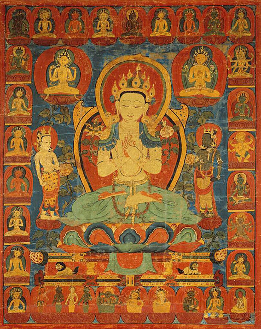 Målad banderoll (Thangka) av Bodhisattva Maitreya omgiven av sitt följe av Unknown artist