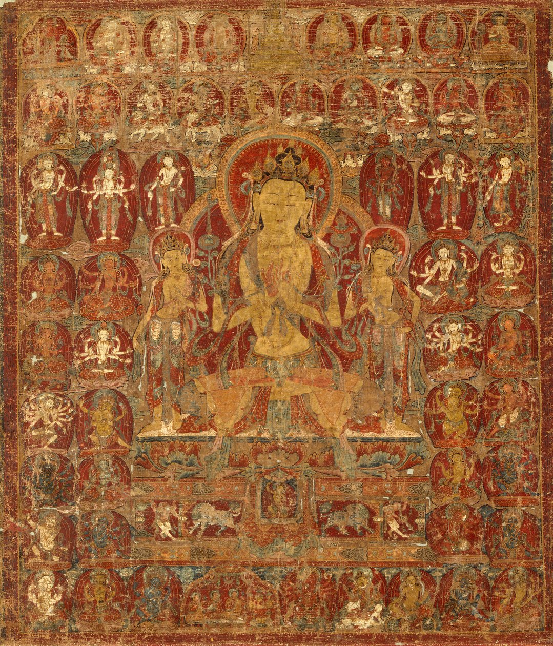Målad fana (Thangka) av Bodhisattva Manjushri med Vajrapani (höger) och Padmapani (vänster) av Unknown artist